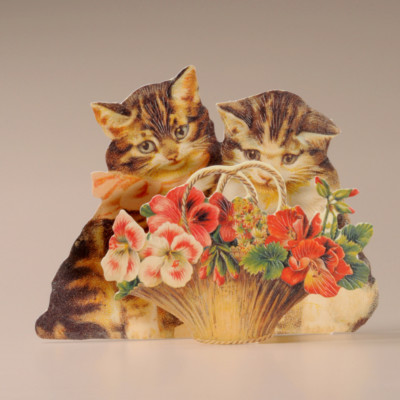 + Nostalgische POP UP 3 D Glückwunschkarte  Katzen und Blumen NEUTRAL  TDC 97178
