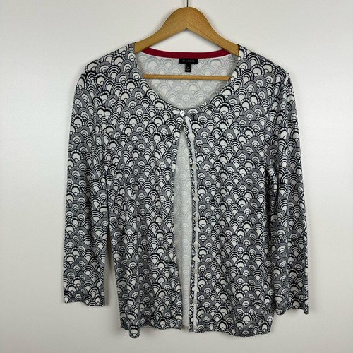 Talbots Womens Geometric Print Button Front Cardigan Navy and White Sz M Classic - Picture 3 of 12
