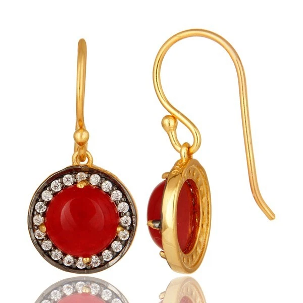 Gold & Black Tone Earrings Zircon Studded and Red Aventurine Gemstone Jewelry - Image 3 of 4