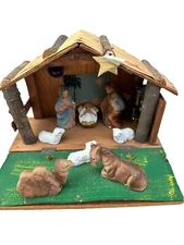 Vintage Musical Nativity Set "Silent Night" Wood Jesus Mary Joseph Japan Lighted