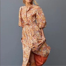 Anthropologie Love The Label Charisma Floral Maxi Dress puff sleeve Pearl snap S