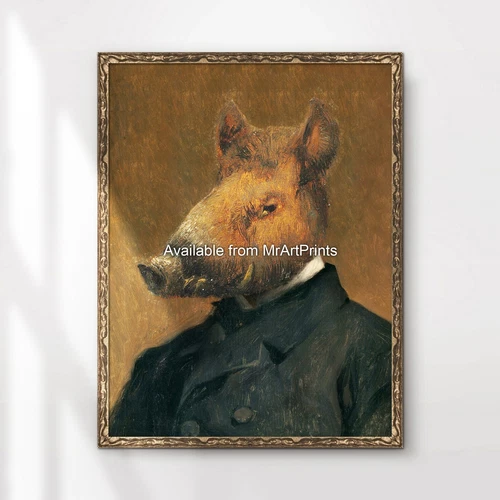 Wild Boar Painting Art Print Poster Funny Animal Portrait Quirky Historic Decor