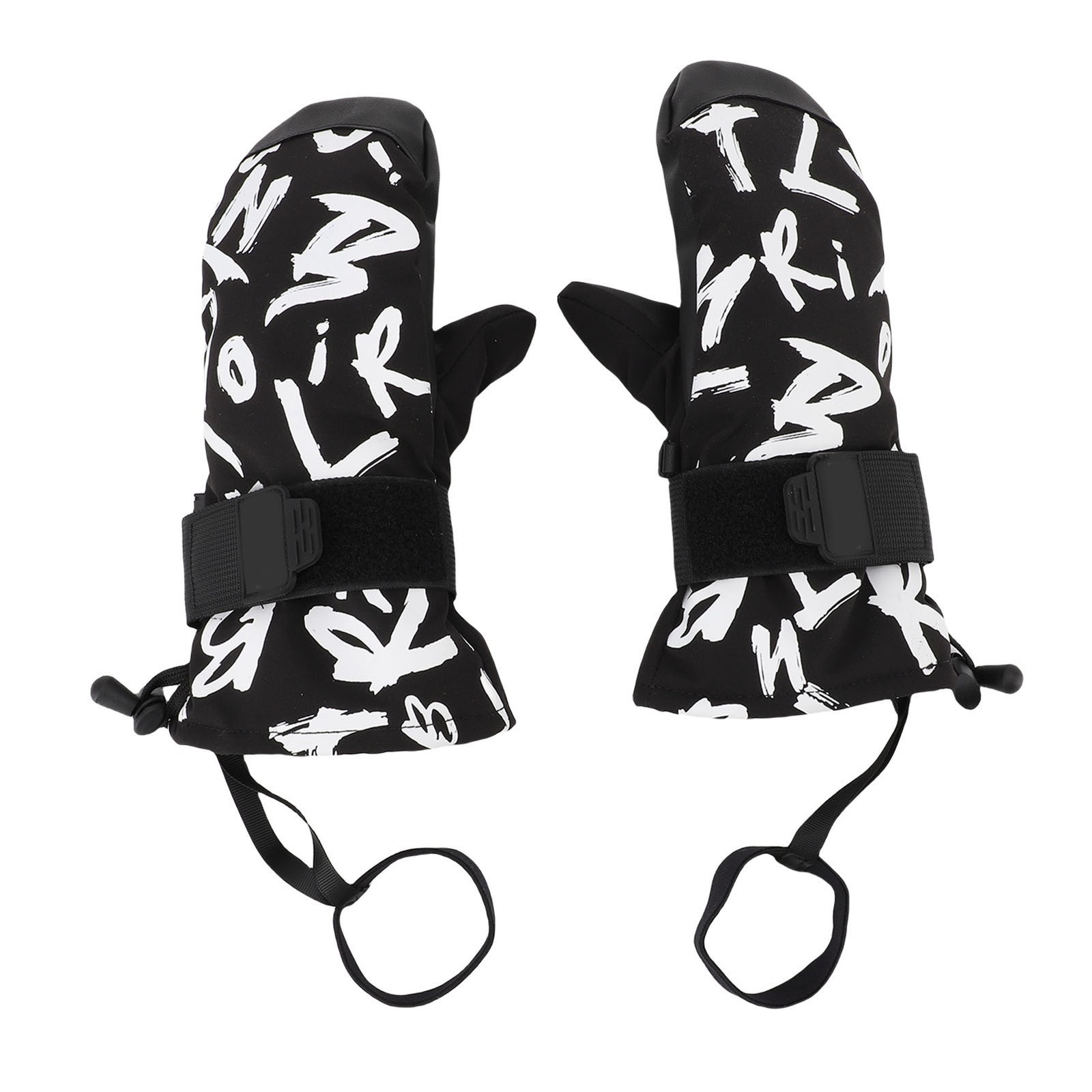 ✿ S 1 Pair Junior Ski Mittens Graffiti Black Watertight Insulated Snowboarding
