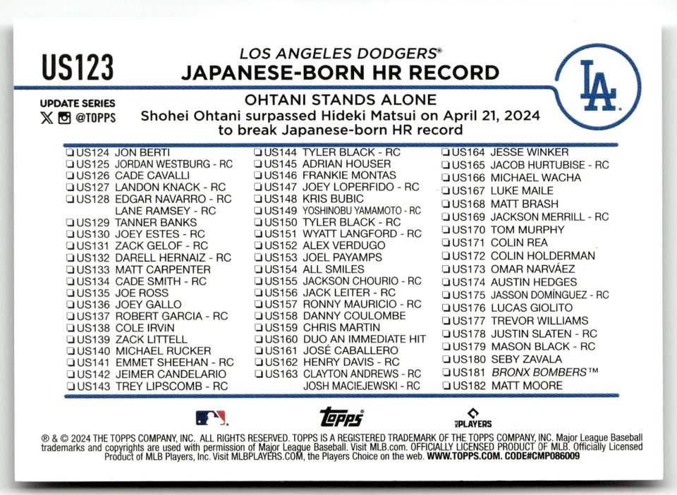 2024 Topps Update Series MLB No. US123 Shohei Ohtani Né Japonais HR Record - Photo 2/2
