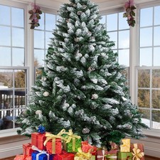 4/5/6/7FT Snow Flocked Christmas Tree Artificial Bushy Pine Cone Hinged Decor US