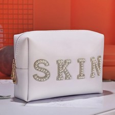 Bride Patch MRS Cosmetic Bag,Pearl Rhinestone Letter makeup Toiletry Bag-White