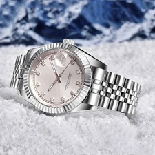 36MM Diamond Index Silver Sunburst Dial Japan NH35 Diving Automatic Watch Men