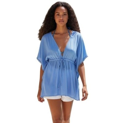 Draper James RSVP Solid Batwing Caftan Iris Blue Swim Coverup Pom Pom XL NEW