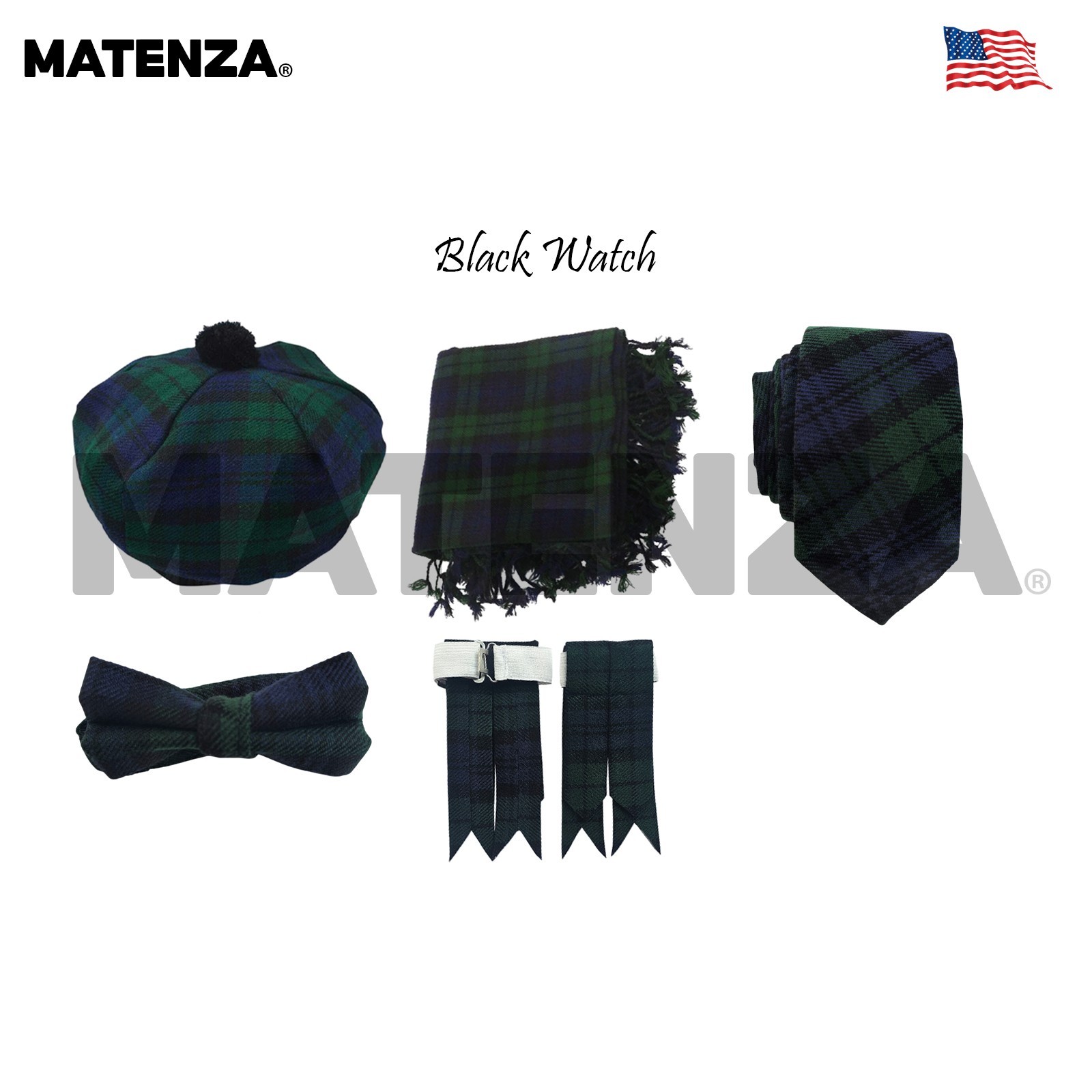 Matenza Accessories | 5Pcs Store Outfit Set Watch Scottish Tartan Black - vintagewatches.pk