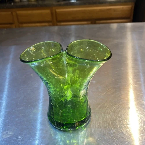 Vtg BLENKO MINI Pinch Double Neck Vase #415 Crackle Glass Miniature 4” Green