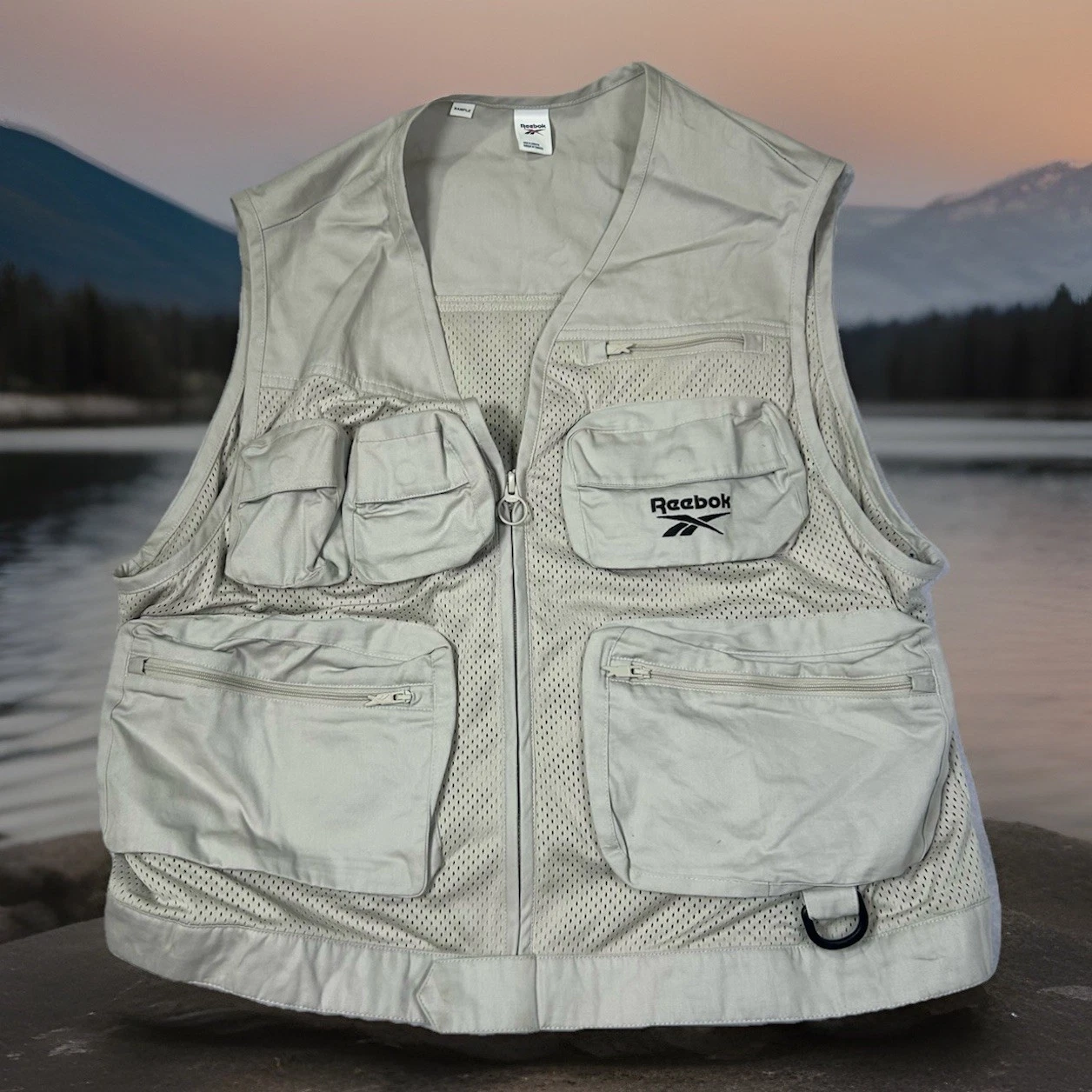 Reebok Utility Fishing Vest Beige Mesh Multi Pocket Zip Front Sample Adult M