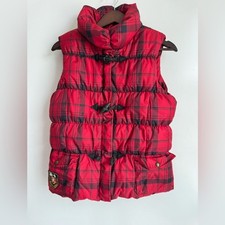 Ralph Lauren Red Black Plaid Puffer Vest Kids XL Crest Patch Waterfowl Down