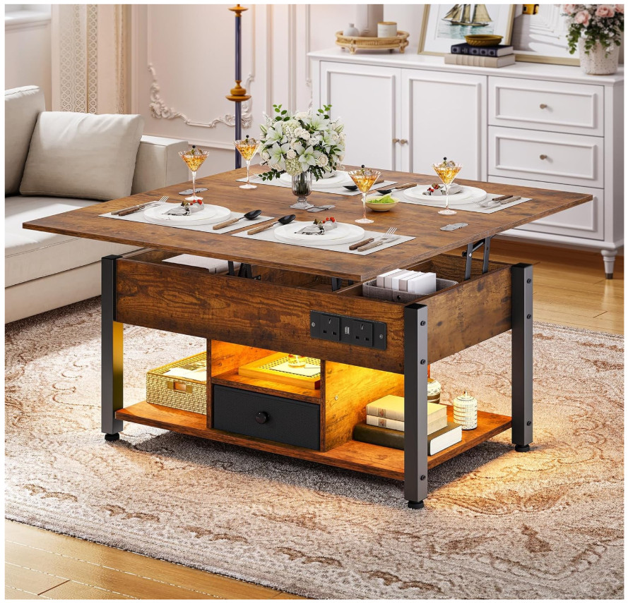UKCatch Lift Top LED Wooden Coffee Table with Charging Station & Hidden Storage