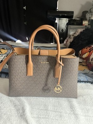 Michael Kors Monogram Satchel Zip Top Handle Bag Brown/Tan Detachable Strap