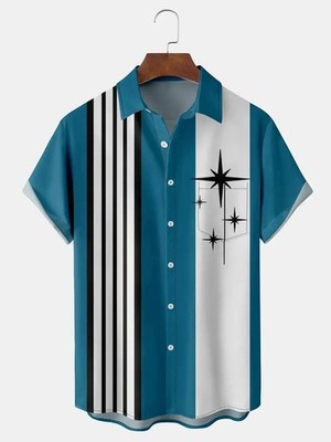 Mens Striped with Space Age Stars Casual Short Sleeve Shirt