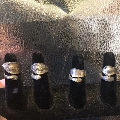 Lot Of 4 Vintage Silver Spoon Rings 3 Are Sterling  Sizes Shown Also Adjustable