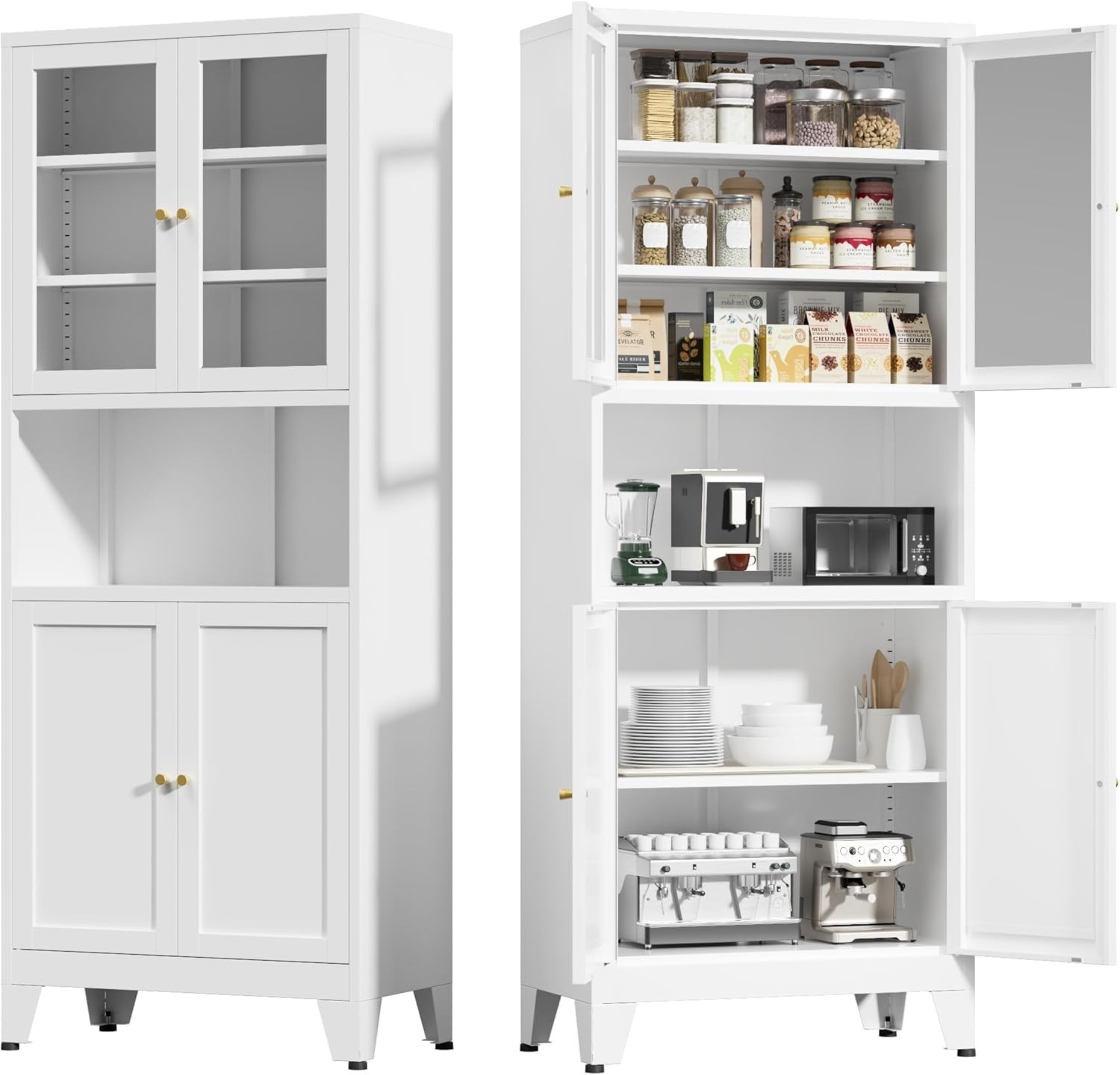 69" Metal Kitchen Pantry Storage Cabinet With Glass Doors and Adjustable Shelves