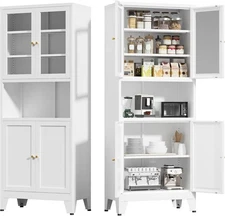 69" Metal Kitchen Pantry Storage Cabinet With Glass Doors and Adjustable Shelves