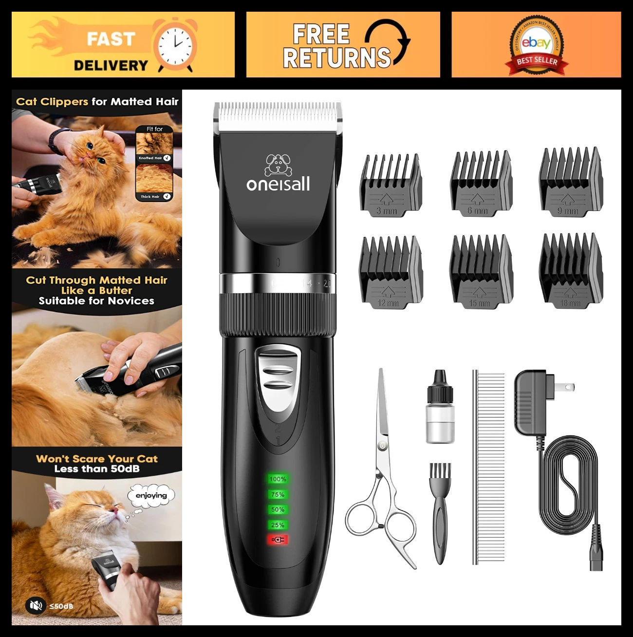 Quiet Cat Clippers for Matted & Long Hair, 2-Speed Cordless Pet Grooming Kit