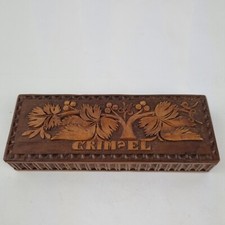 Antigua caja de estampillas de madera tallada estilo Selva Negra "CRIMSEL" 11,1 cm de ancho