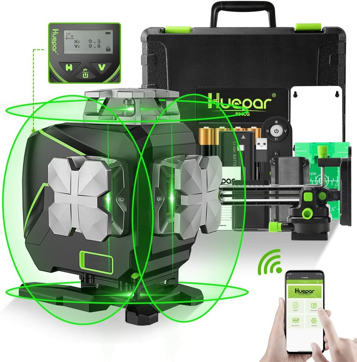 Huepar 4D Green Cross Line Laser Level Bluetooth & Remote Control With Hard Case