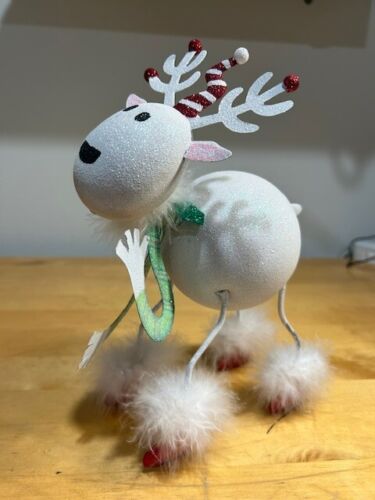 Funky Glittery Reindeer with Red Glitter Boots w/Feather Trim and Green Scarf - Picture 1 of 5