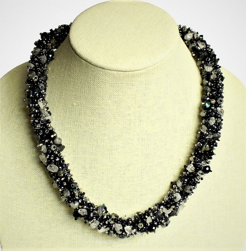Black Multi-Strand Beaded Scarf Callar Necklace - Unbranded Boho Artistic Black Beaded Scarf Necklace with Orange Flowers Printed  main image 2