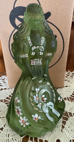 Fenton Art Glass Green Satin Southern Belle Girl Figurine New NIB Signed Nancy