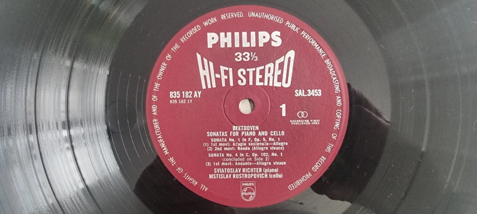 PHILIPS HIFI STEREO BEETHOVEN ROSTROPOVICH RICHTER CELLO SONATAS 835182/83 AY NM - Image 4 of 4