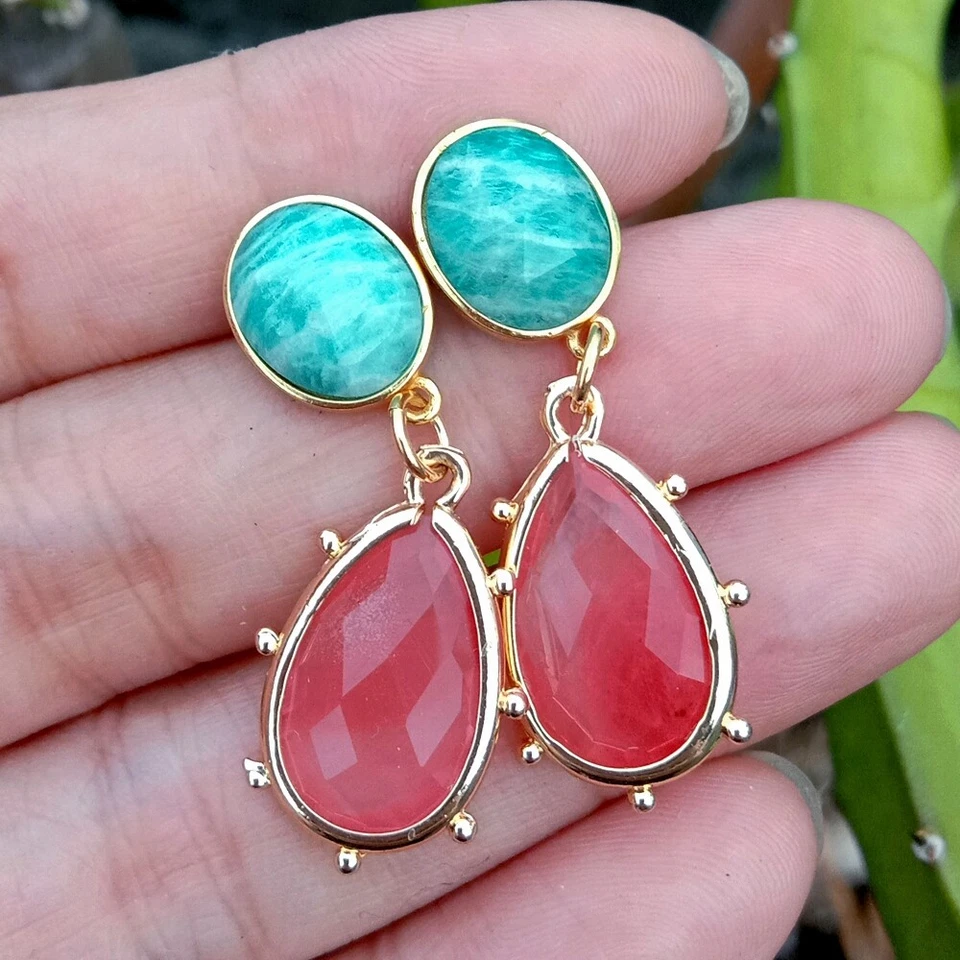 Teardrop Red Quartz Green Amazonite Dangle Earrings Natural Stone Jewelery - Image 4 of 4