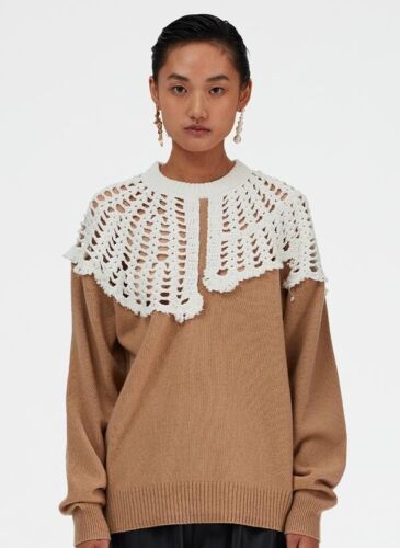 TIBI Lana Crochet Collar Pullover Tan Sand Light B