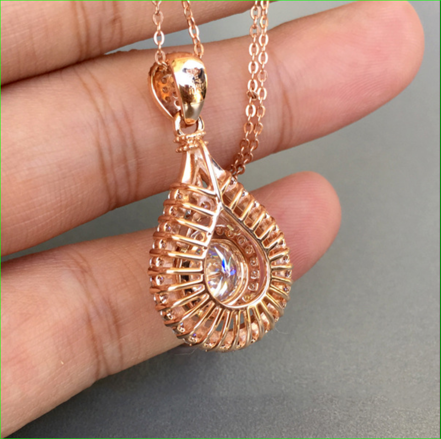 Lab Created Round Diamond Teardrop Pendant Necklace 14K Rose Gold