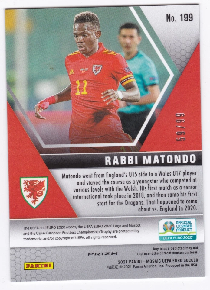 2020-21 Mosaic UEFA Rabbi Matondo BLUE Disco Prizm RC Wales /99 - Image 2 of 2