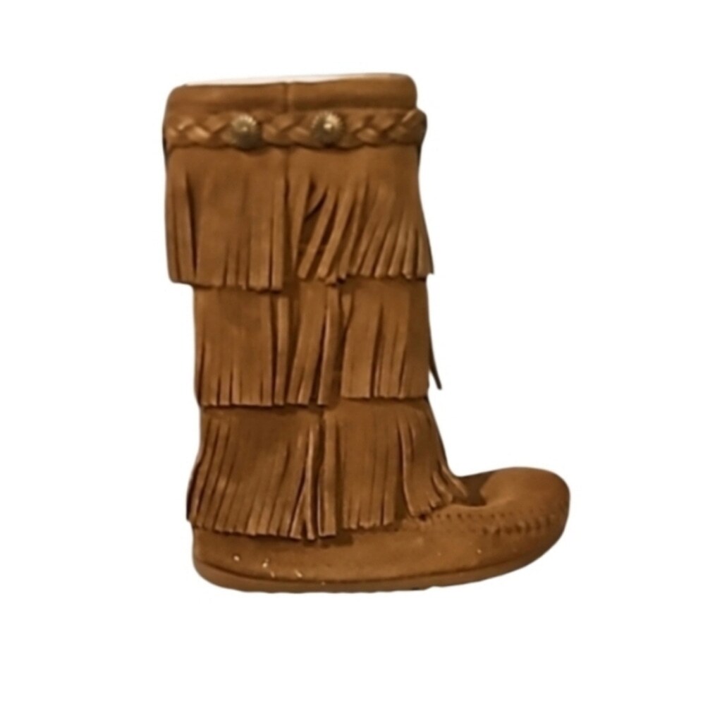 NEW! MINNETONKA Kids Little Girls Brown Leather Suede Tiered Fringe Boots