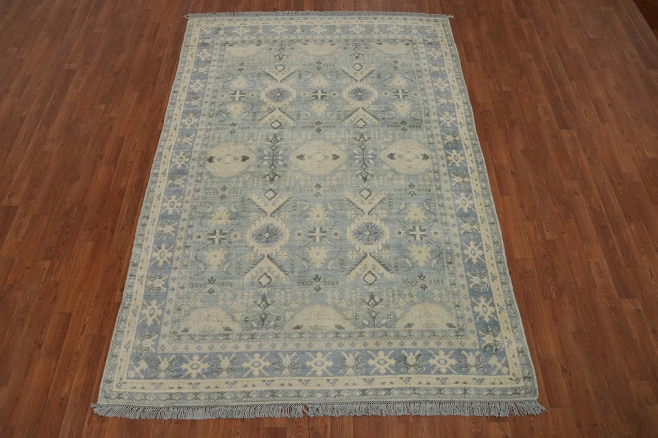 Handmade Light Blue Geometric Oushak Area Rug 6x8 Ft Transitional Silk Carpet - Image 2 of 4