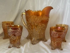 Fenton Carnival Glass Marigold ORANGE TREE Water Lemonade Set Pitcher 4 Tumblers
