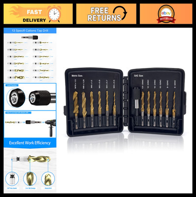6-Pc Drill & Tap Bit Set SAE & Metric, Titanium Coated, Quick Change Adapter, Ta