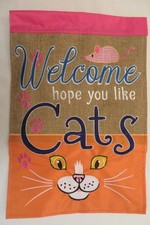 "Welcome, hope you like Cats" Orange Cat Face, Paws, Mouse, applique Garden Flag