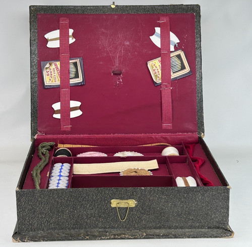 Antique Etui Full of Needlework Tools Scissors Needles Thread Buttons Antique