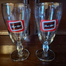 2 Carling Black Label Canadian Lager Stemmed Chalice Glasses Vtg Pub Home Bar