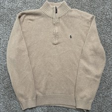 Polo Ralph Lauren Mens Quarter Zip Sweater Camel Tan Cotton Knit Pullover Large