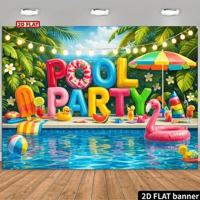 2D Flat - Colorful Beach Ball Themed Pool Party Backdrop, with Colorful Inflat