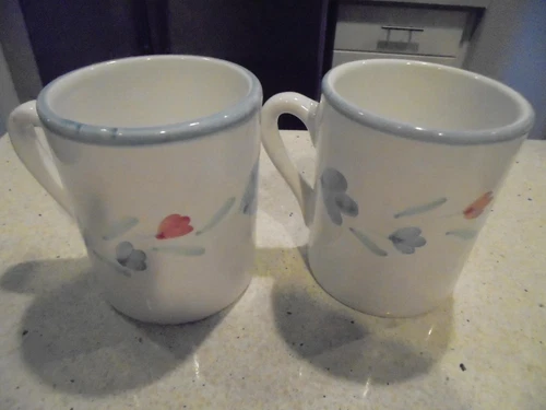 2 white/blue Caleca handpainted mugs near-mint condition ~ low fast shipping!