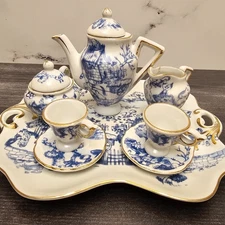  Bone China Miniature Tea Set Tray Teapot Sugar Creamer Two Cups and Saucers Gol