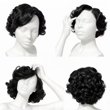 Black Short Curly Wig for Women Side Part Bob Wave Synthetic Full Wig US