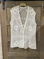 Vintage Hand Made Crochet White Vest / Tunic With Diamond Accents