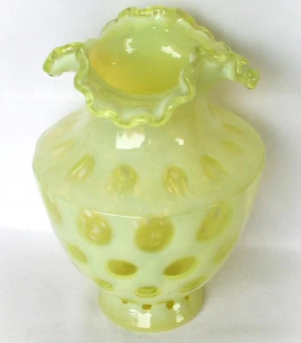 Vintage Fenton 7" Topaz Coin Dot Opalescent Uranium Art Glass Vase Ruffled EXC