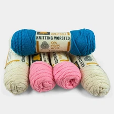 Vintage Gold Bell Knitting Worsted Wool Yarn Lot 5 Skeins Pink Blue Cream USA