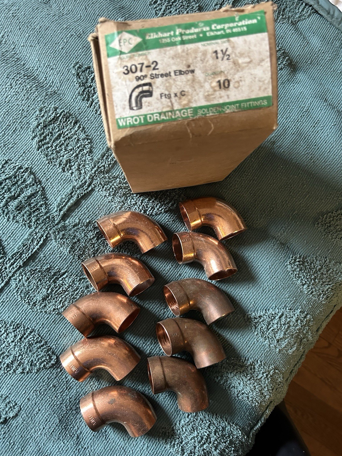 Lot of 10, 90 Degree 1.5” Copper Street Elbows Solder Sweat NOS Open Box Elkhart