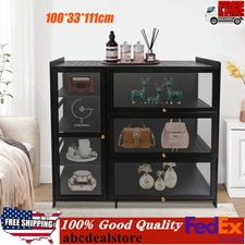 Bamboo Display Cabinet Storage Cabinet with Doors Black Showcase for Entryway
